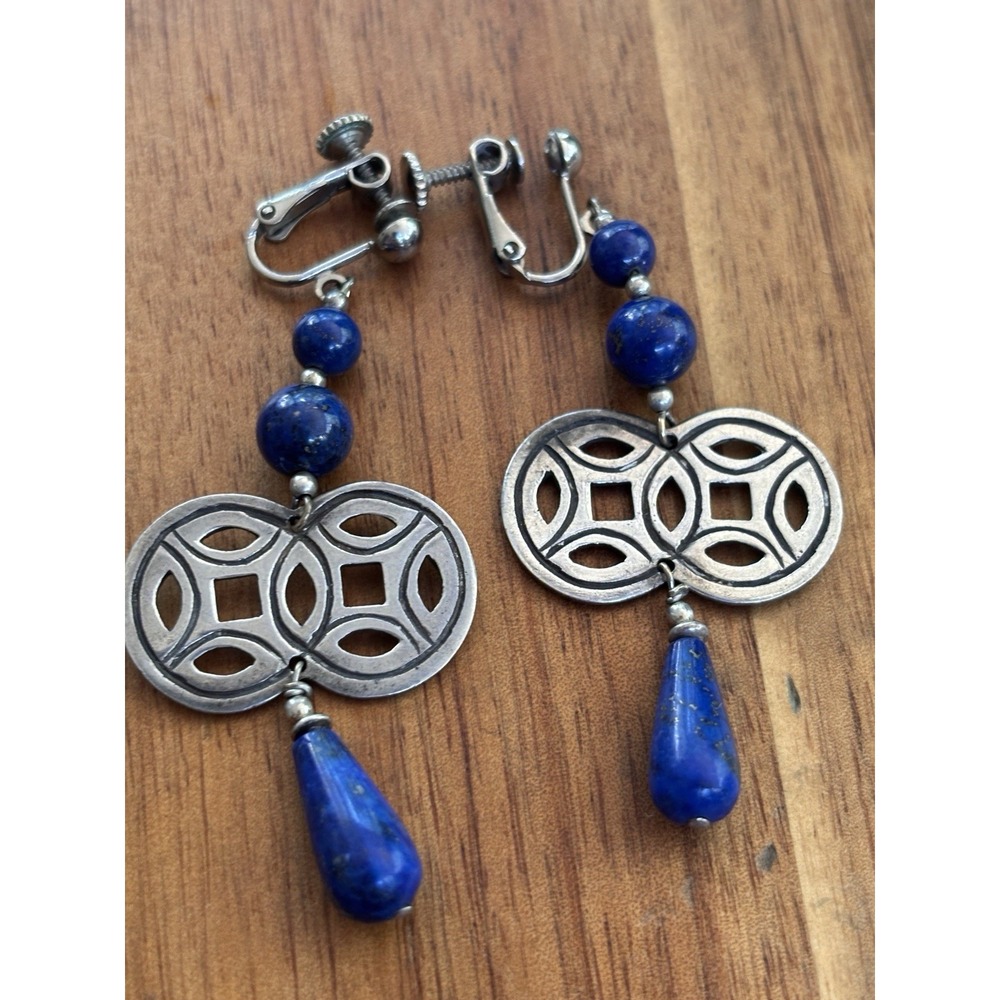 Artisan Sterling 925 Silver & Lapis Lazuli Boho Dangle Screwback Earrings